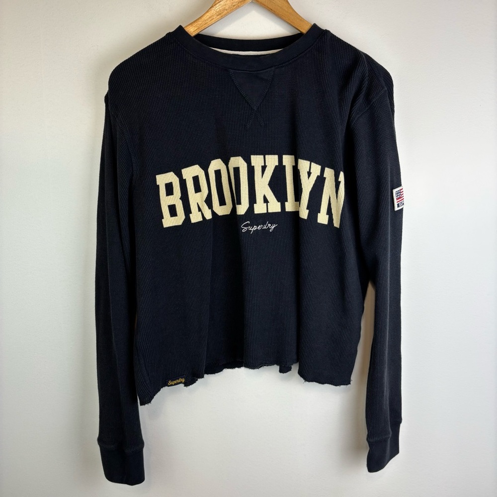 Superdry Navy Long Sleeve Waffle Shirt Slightly Cropped Vintage Design